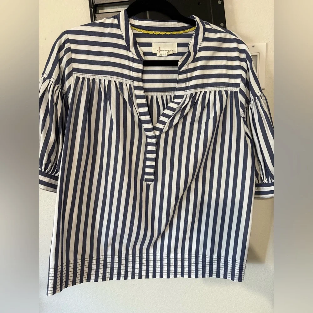 Anthropologie Blue & White Vertical Stripe V-Neck Puff Sleeve Blouse